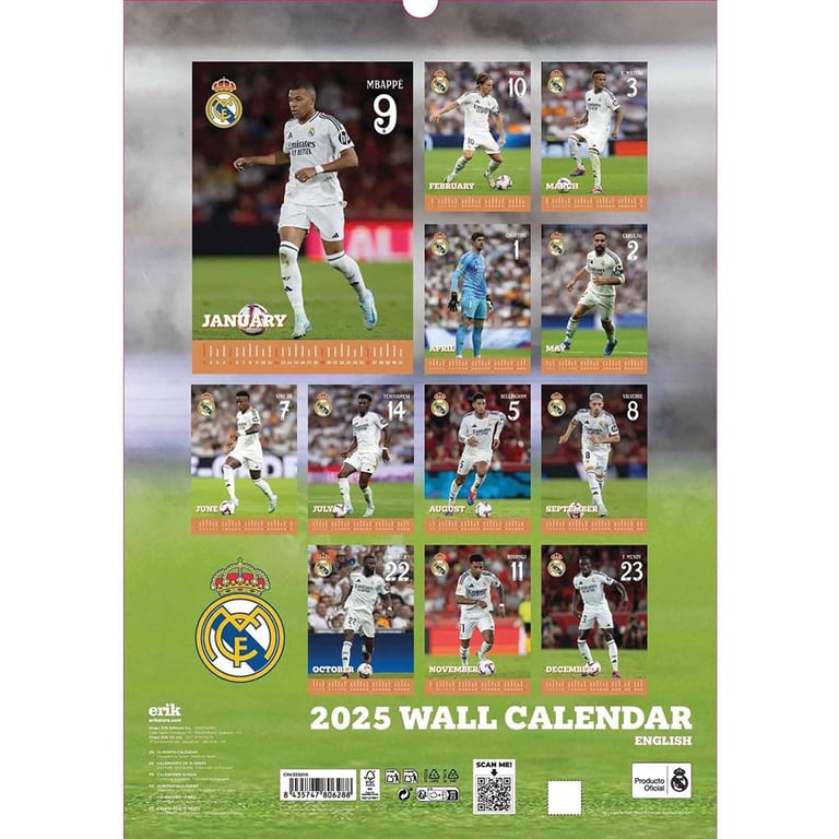 Real Madrid CF A3 Wall Calendar 2025 Featuring Mbappe, Vinicius Junior & More