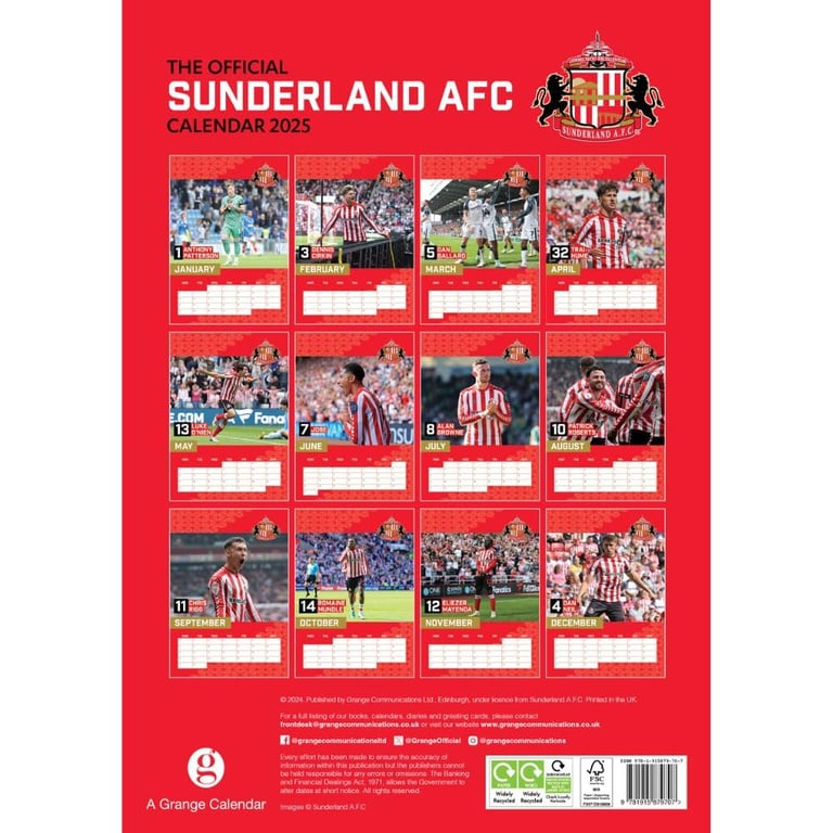 Sunderland AFC A3 Calendar 2025 - Official Football Club Wall Calendar Featuring Top Players