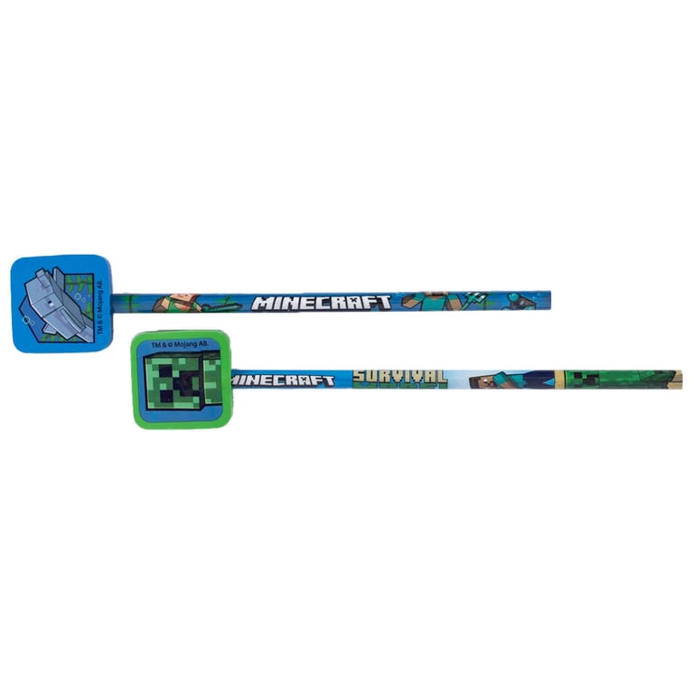 Minecraft 2pk Pencil & Topper Set - Creeper and Dolphin Eraser Toppers for Kids Stationery