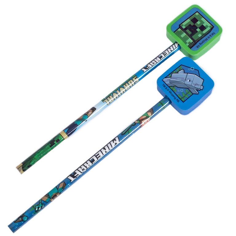 Minecraft 2pk Pencil & Topper Set - Creeper and Dolphin Eraser Toppers for Kids Stationery