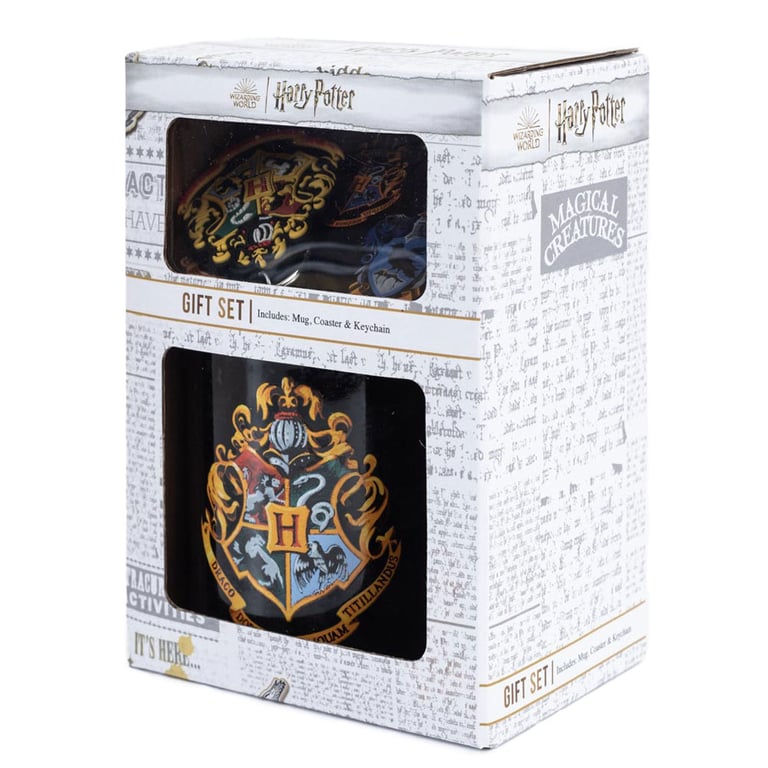 Harry Potter Colourful Crest Mug & Coaster Set - Includes Hogwarts Logo Mug and Keyring