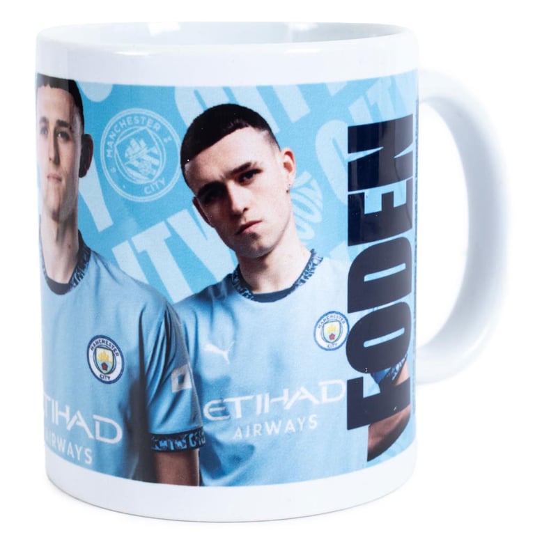 Manchester City FC Phil Foden Ceramic Coffee Mug - Blue and White Club Crest Design