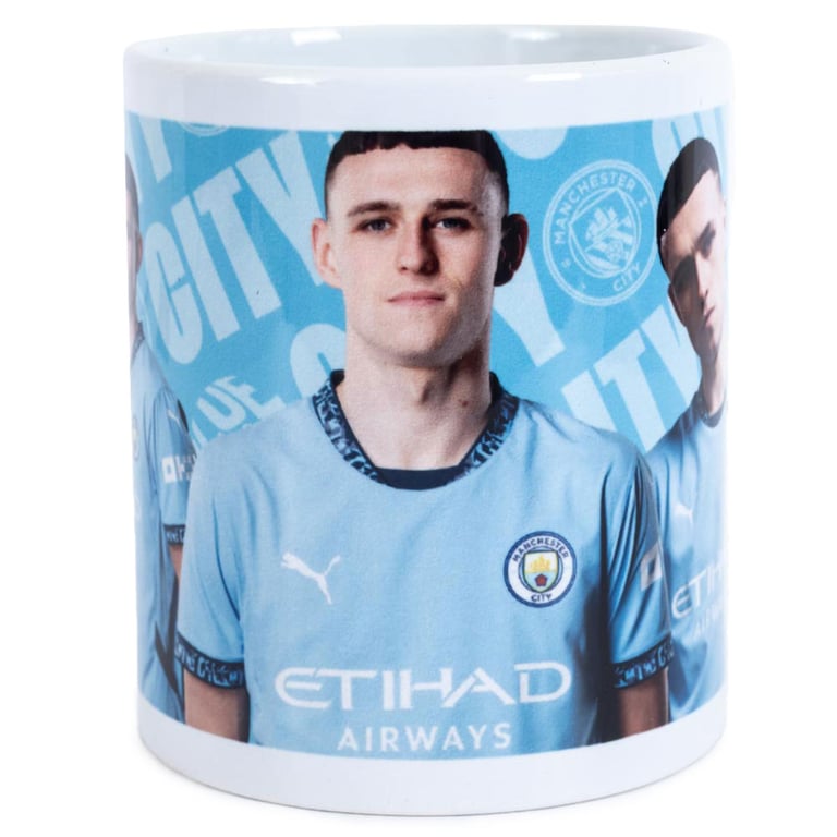 Manchester City FC Phil Foden Ceramic Coffee Mug - Blue and White Club Crest Design
