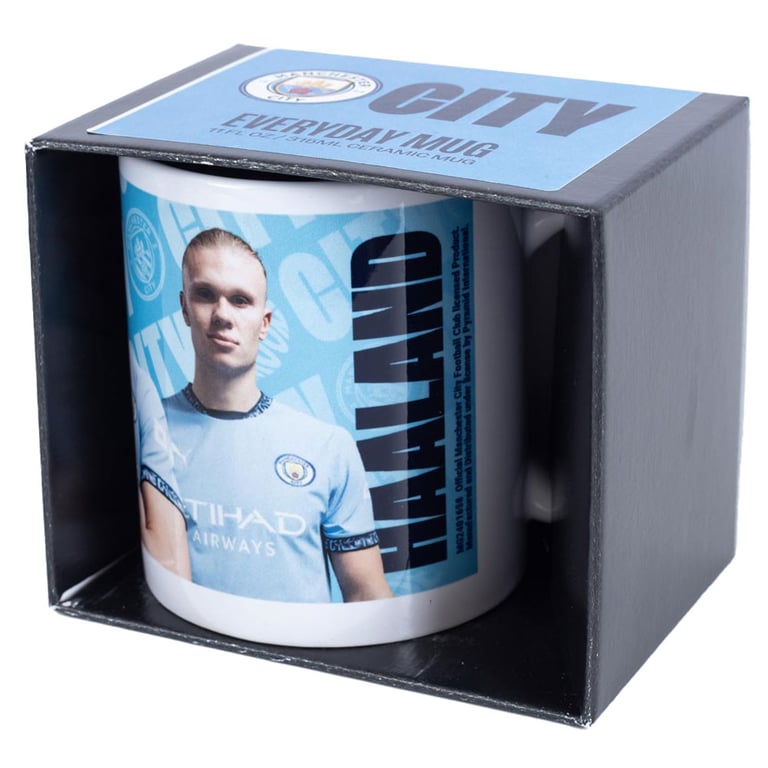 Manchester City FC Haaland Ceramic Coffee Mug - Blue White Glazed Finish