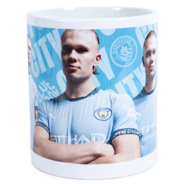 Manchester City FC Haaland Ceramic Coffee Mug - Blue White Glazed Finish