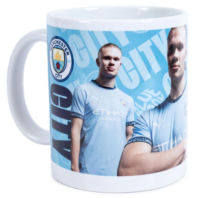 Manchester City FC Haaland Ceramic Coffee Mug - Blue White Glazed Finish