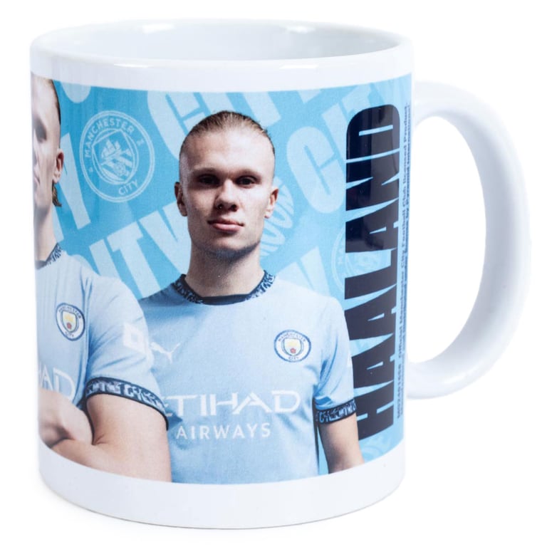 Manchester City FC Haaland Ceramic Coffee Mug - Blue White Glazed Finish