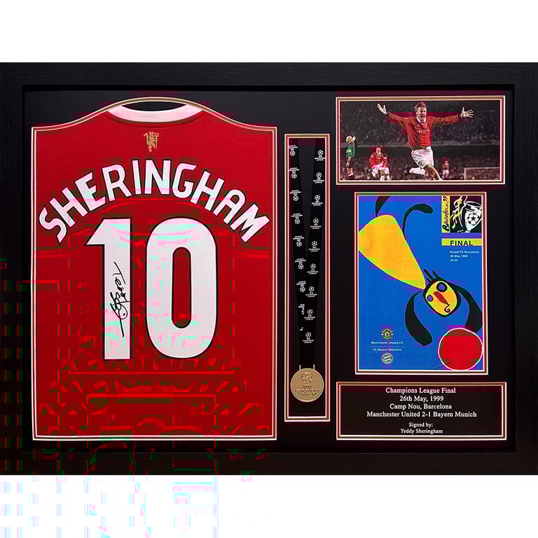 Manchester United FC Sheringham Signed Shirt & Medal (Framed) - 1999 Camp Nou Champions League Final Replica