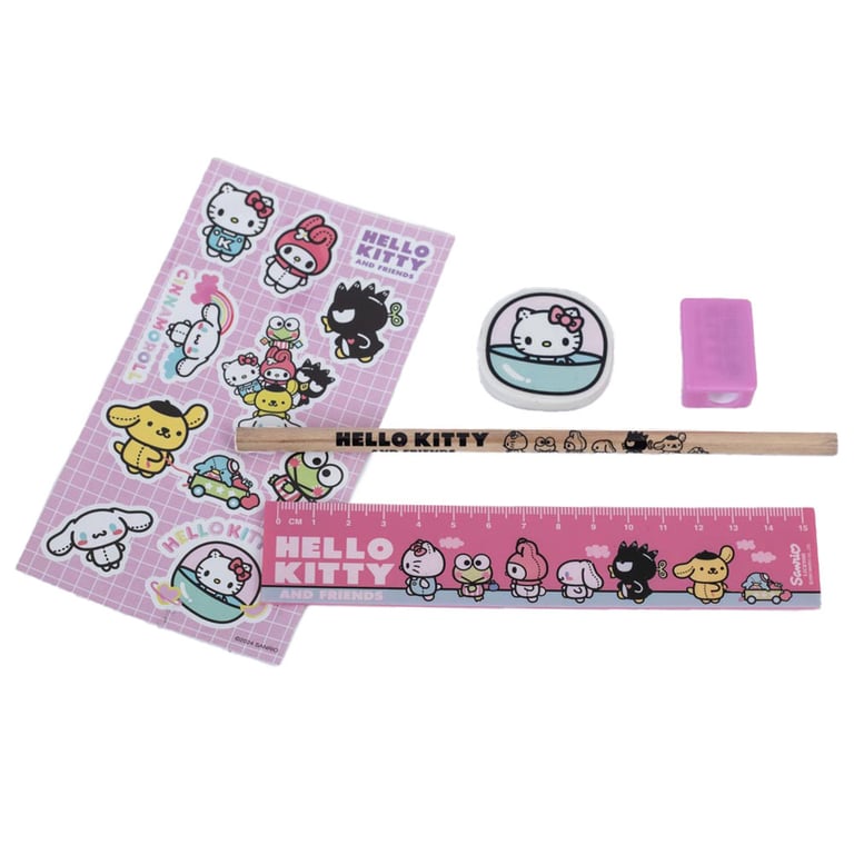 Hello Kitty 6-Piece Pastel Coloured Stationery Set with Stickers and School Supplies