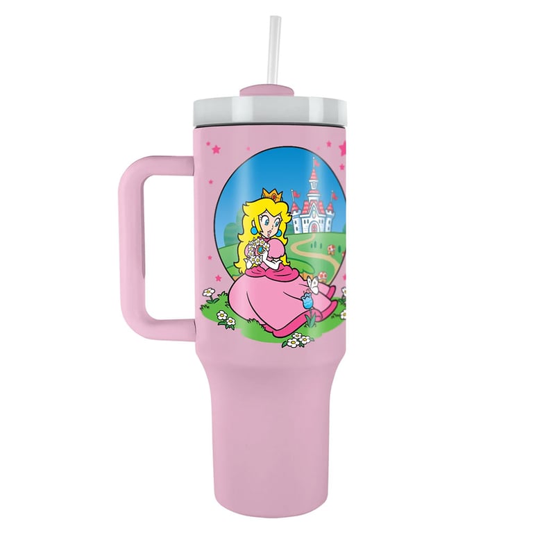 Super Mario Princess Peach 40oz Double-Walled Insulated Thermal Mug with Soft Grip Handle and Drinking Straw