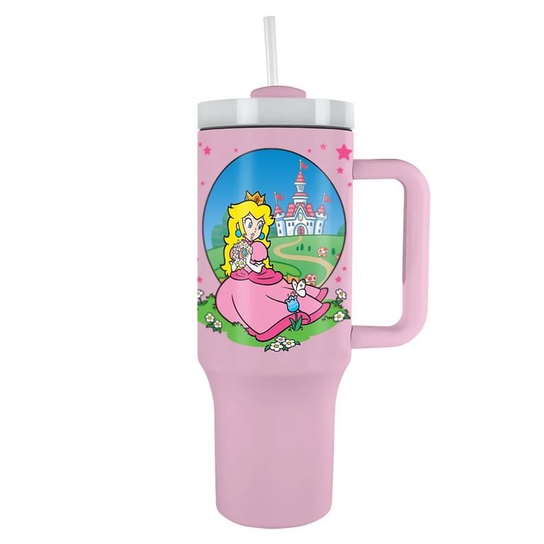 Super Mario Princess Peach 40oz Double-Walled Insulated Thermal Mug with Soft Grip Handle and Drinking Straw