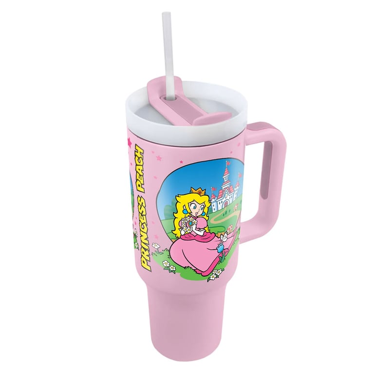 Super Mario Princess Peach 40oz Double-Walled Insulated Thermal Mug with Soft Grip Handle and Drinking Straw