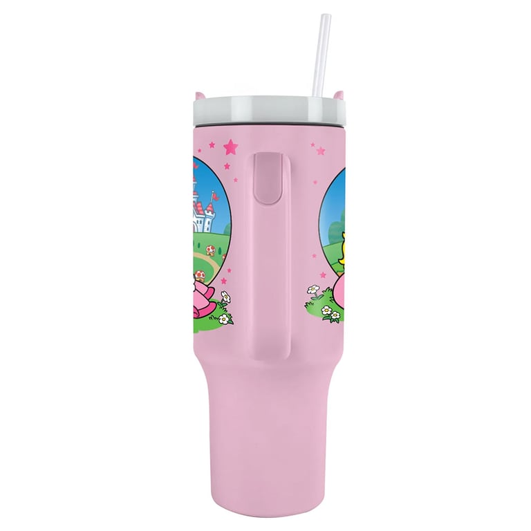 Super Mario Princess Peach 40oz Double-Walled Insulated Thermal Mug with Soft Grip Handle and Drinking Straw