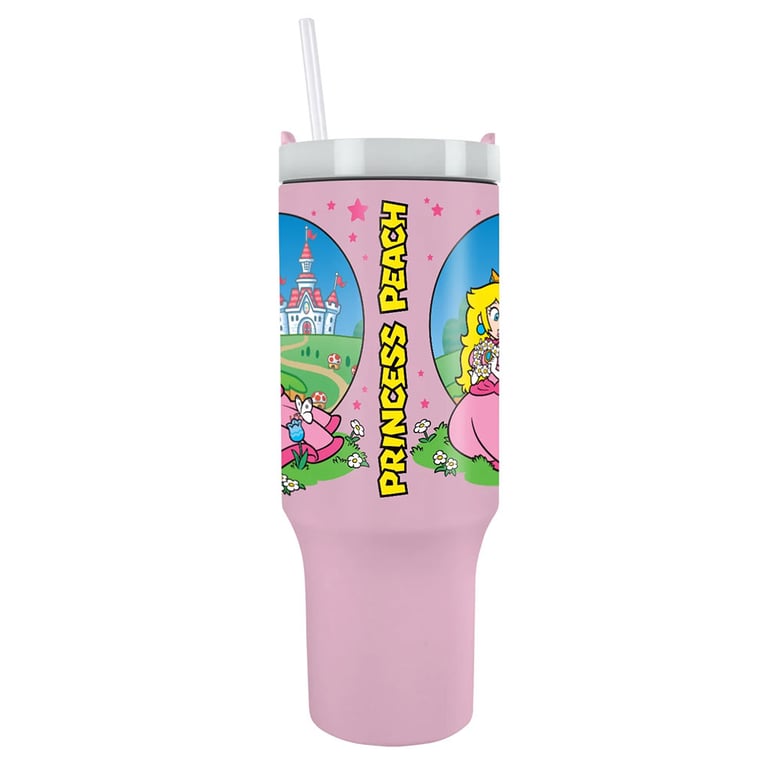 Super Mario Princess Peach 40oz Double-Walled Insulated Thermal Mug with Soft Grip Handle and Drinking Straw
