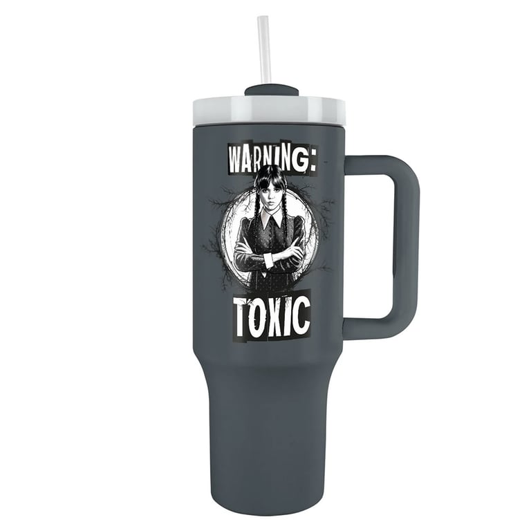 Wednesday Addams 40oz Charcoal Grey Thermal Mug with Double-Walled Insulation and Drinking Straw