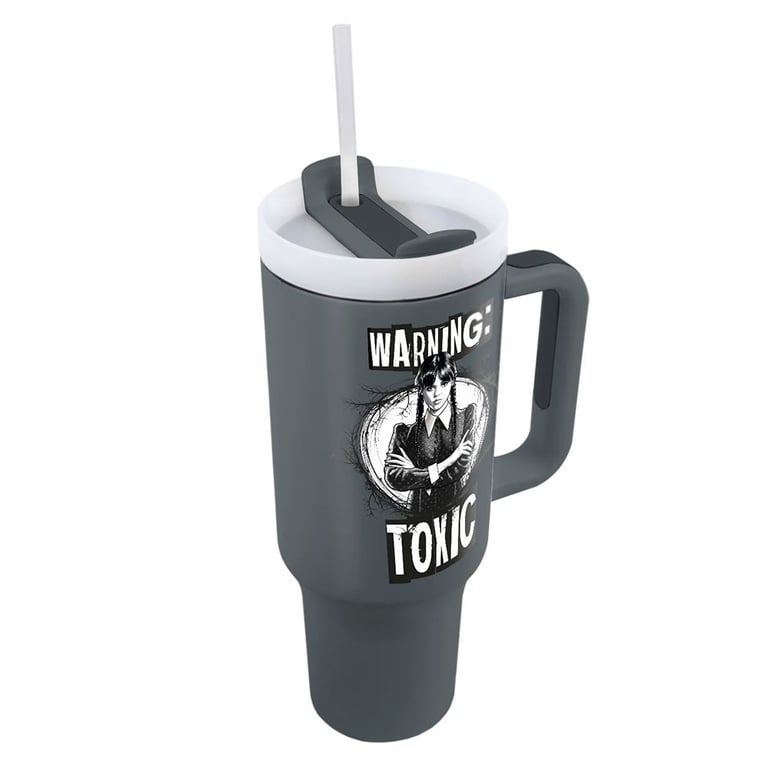 Wednesday Addams 40oz Charcoal Grey Thermal Mug with Double-Walled Insulation and Drinking Straw