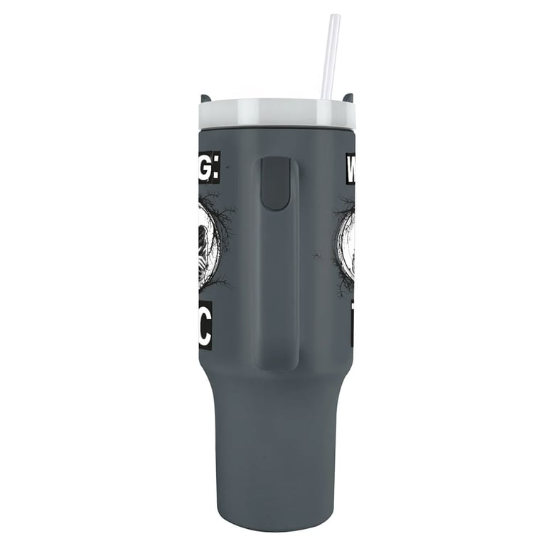 Wednesday Addams 40oz Charcoal Grey Thermal Mug with Double-Walled Insulation and Drinking Straw