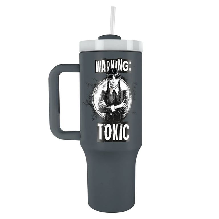 Wednesday Addams 40oz Charcoal Grey Thermal Mug with Double-Walled Insulation and Drinking Straw
