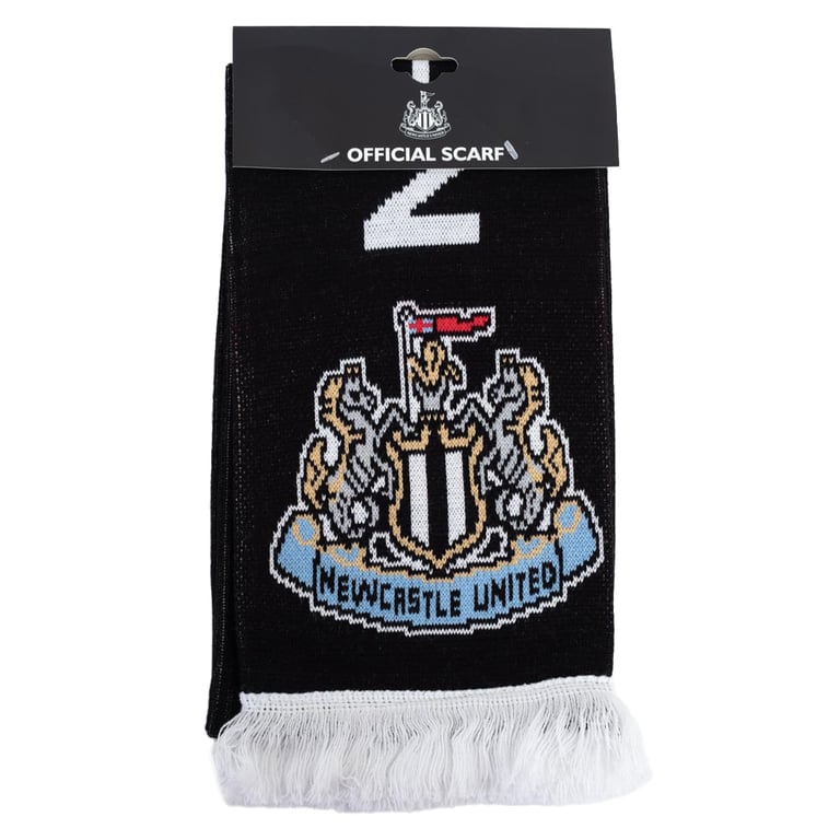 Newcastle United FC Crest Reversible Black Scarf with White Fringe and Jacquard Knit Design