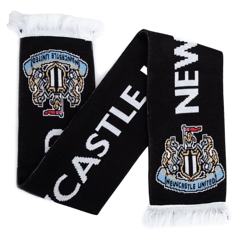 Newcastle United FC Crest Reversible Black Scarf with White Fringe and Jacquard Knit Design