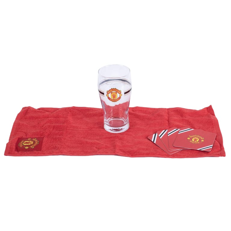 Manchester United FC Core Stripe Mini Bar Set - Includes Club Crest Pint Glass, Beer Mats & Red Towel