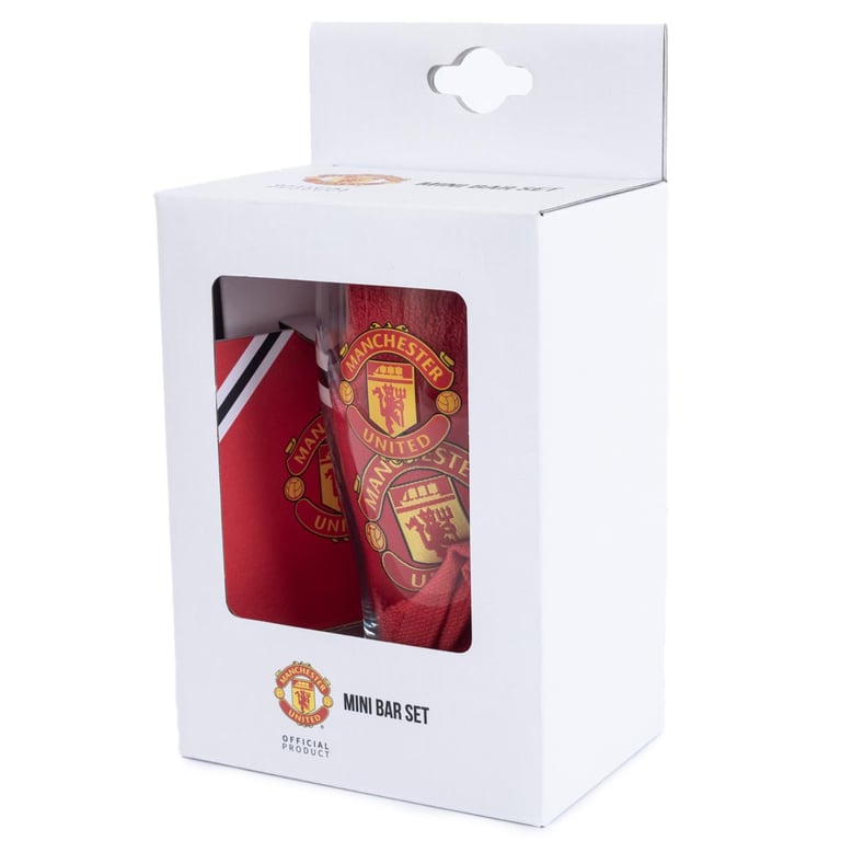 Manchester United FC Core Stripe Mini Bar Set - Includes Club Crest Pint Glass, Beer Mats & Red Towel