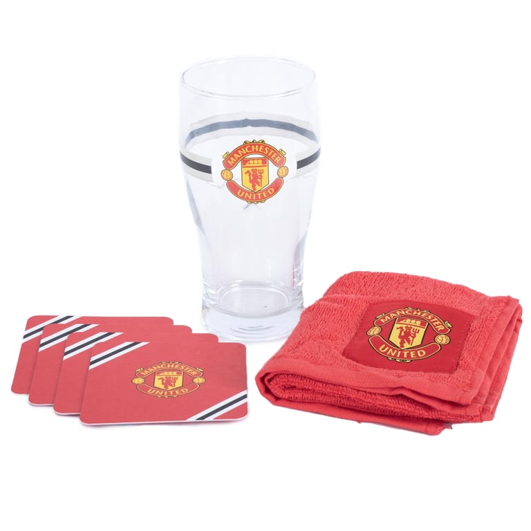 Manchester United FC Core Stripe Mini Bar Set - Includes Club Crest Pint Glass, Beer Mats & Red Towel