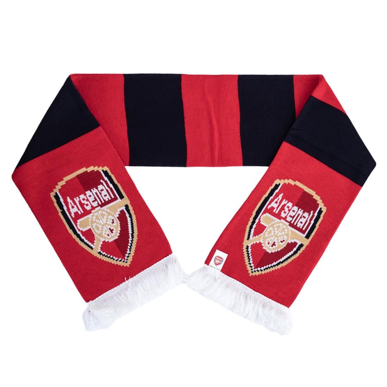Arsenal FC Contrast Bar Stripe Jacquard Knit Scarf with Crest and White Fringe