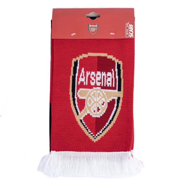 Arsenal FC Contrast Bar Stripe Jacquard Knit Scarf with Crest and White Fringe