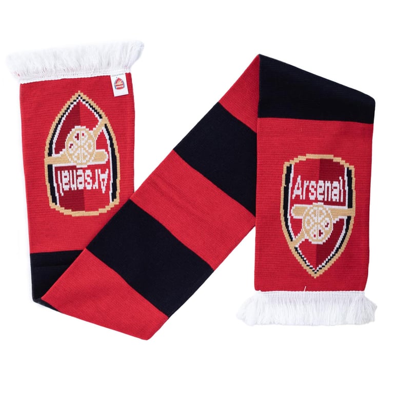 Arsenal FC Contrast Bar Stripe Jacquard Knit Scarf with Crest and White Fringe