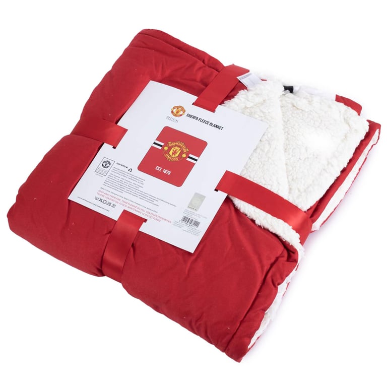 Manchester United FC Core Stripe Sherpa Fleece Blanket - Super Soft & Warm Red Team Blanket