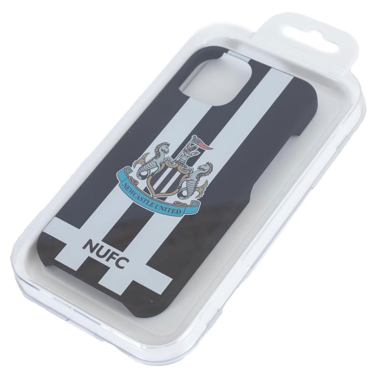 Newcastle United FC iPhone 15 Striped Hard Case - Full Colour NUFC Crest and Text, Durable Black and White Stripes