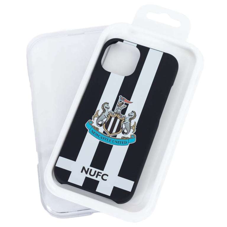 Newcastle United FC iPhone 15 Striped Hard Case - Full Colour NUFC Crest and Text, Durable Black and White Stripes