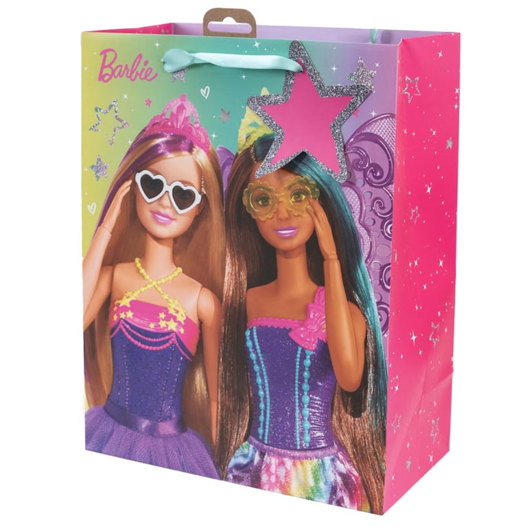 Barbie Medium Multi Color Gift Bag with Woven Handles and Barbie Tag