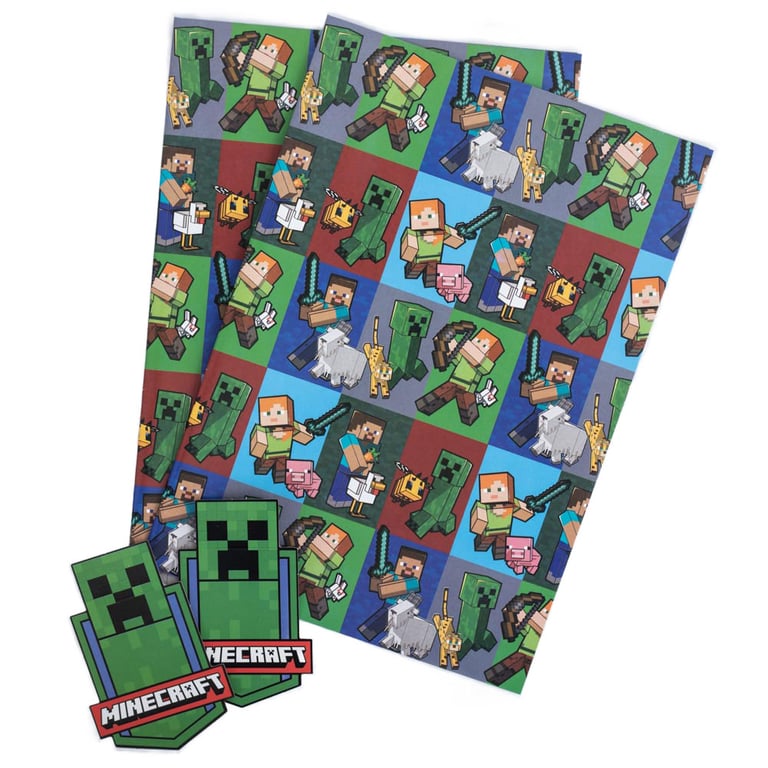 Minecraft Characters Gift Wrap - Colorful Sheets & Creeper Tags for Home Decor and Party Supplies