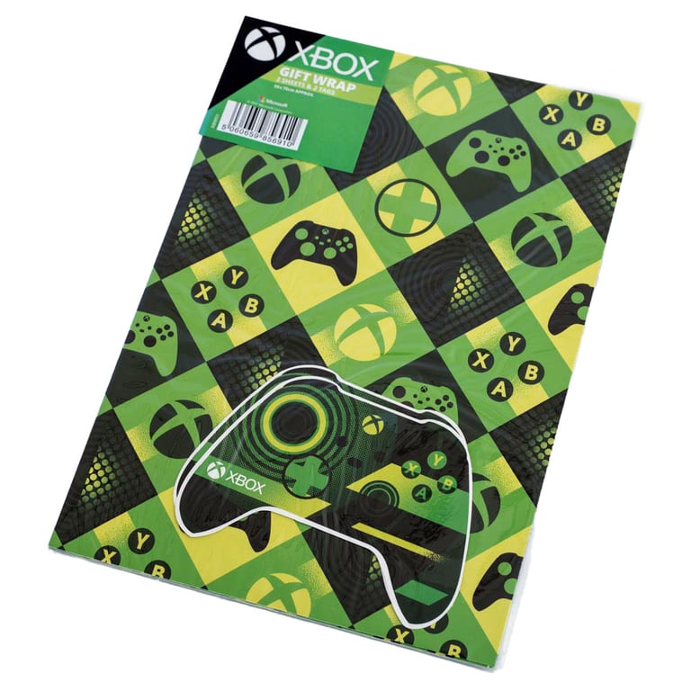 Xbox Gift Wrap - 2 Sheets of Vibrant Gaming Graphics & Blue Controller Themed Tags