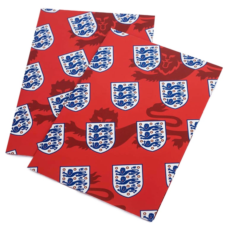 England FA Crest Gift Wrap - Vibrant Red Background with 3 Lions Crest Design and Blue Gift Tags