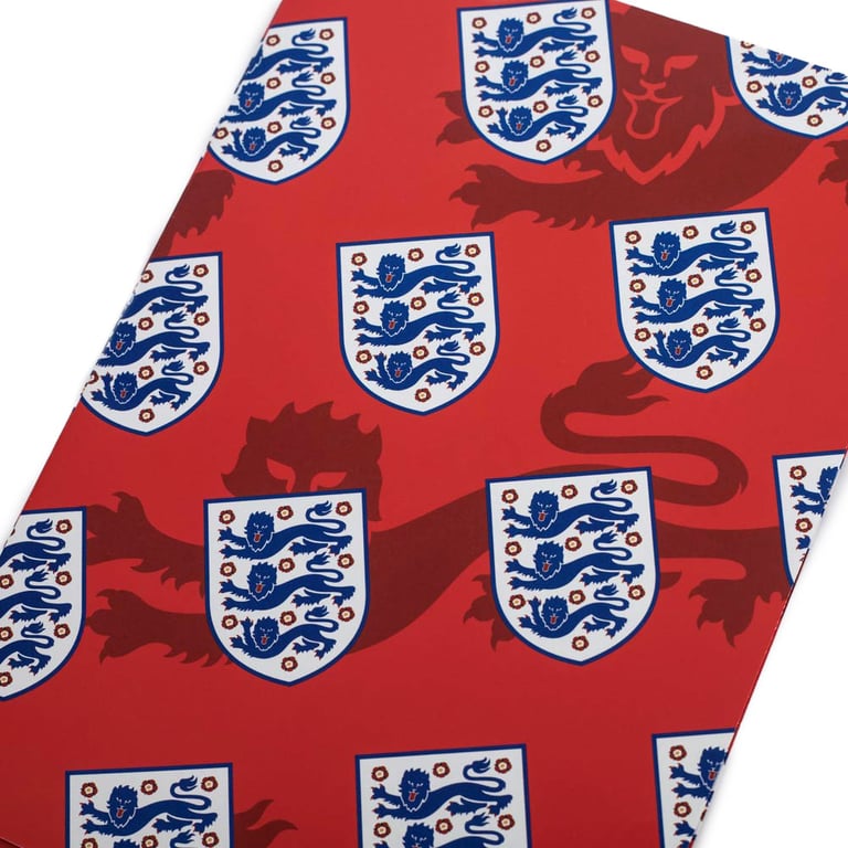 England FA Crest Gift Wrap - Vibrant Red Background with 3 Lions Crest Design and Blue Gift Tags