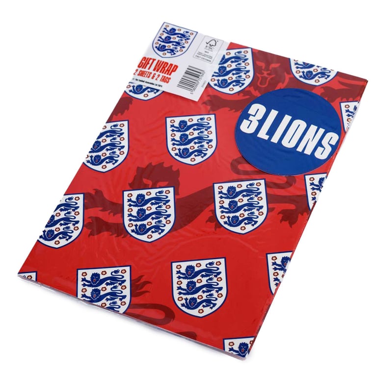 England FA Crest Gift Wrap - Vibrant Red Background with 3 Lions Crest Design and Blue Gift Tags