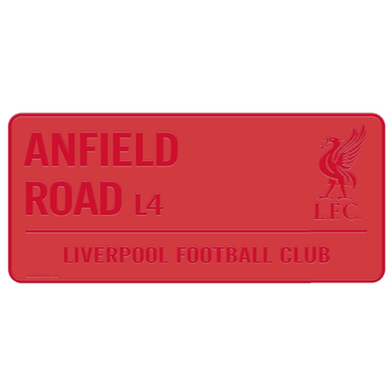 Liverpool FC Red Anfield Road Metal Wall Sign with Embossed Text and Liverbird Decor