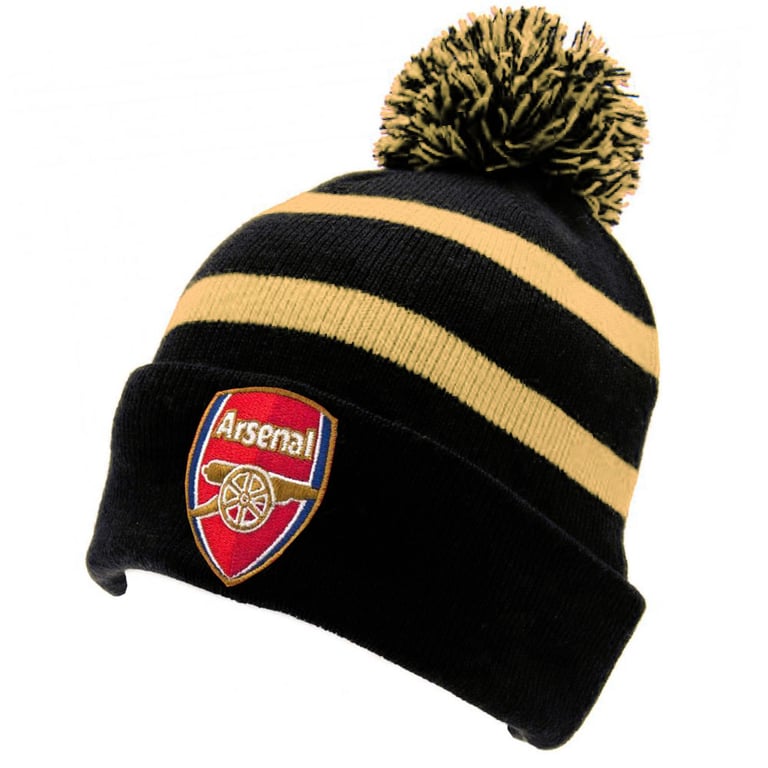 Arsenal FC Black Breakaway Bobble Beanie Hat with Gold Stripe Detail