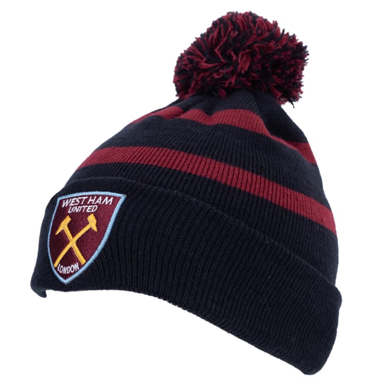 West Ham United FC Navy Cuff Knit Bobble Hat with Claret Stripe Crest
