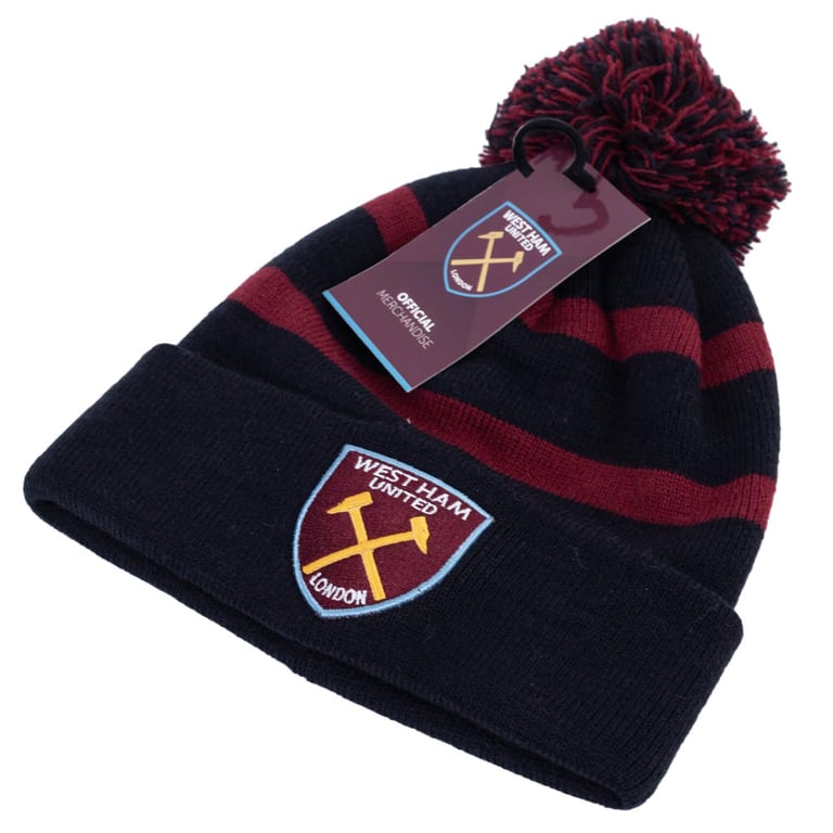 West Ham United FC Navy Cuff Knit Bobble Hat with Claret Stripe Crest