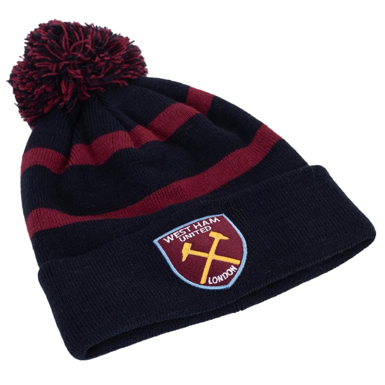 West Ham United FC Navy Cuff Knit Bobble Hat with Claret Stripe Crest