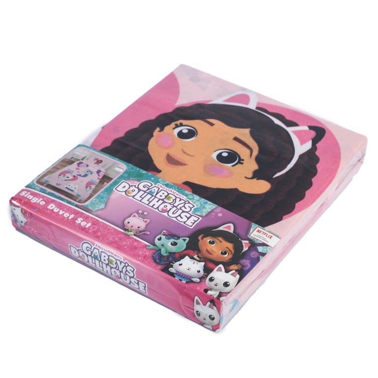 Gabbys Dollhouse Hugs Single Duvet Set - Pink Quilt Cover with Reverse TV Show Characters and Machine Washable Home Textile Set