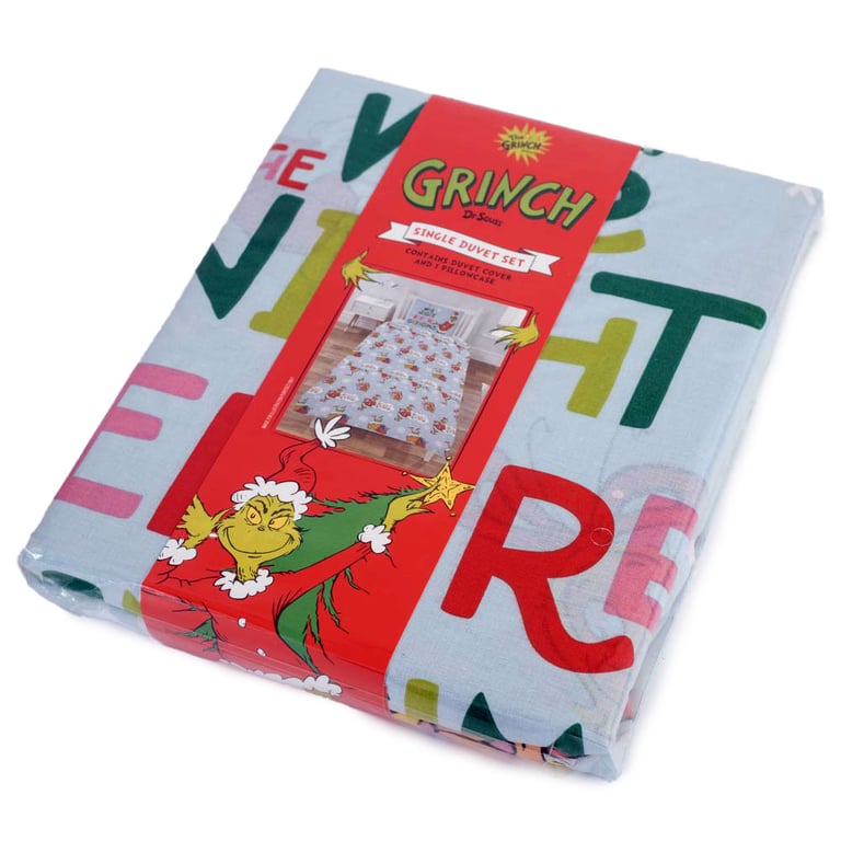 Grinch Single Duvet Set - Sky Blue Quilt Cover with Merry Grinchmas Designs and Machine Washable Fabric.