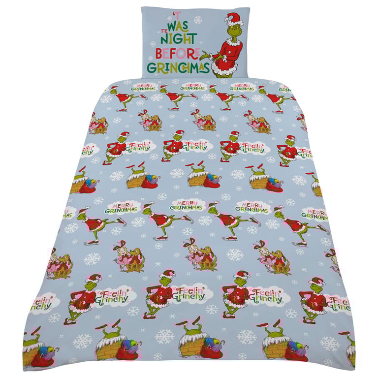 Grinch Single Duvet Set - Sky Blue Quilt Cover with Merry Grinchmas Designs and Machine Washable Fabric.
