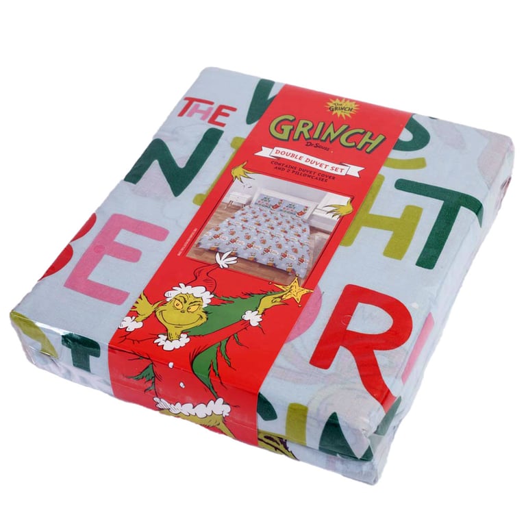 The Grinch Double Duvet Set - Sky Blue Quilt Cover with Merry Grinchmas and Feelin Grinchy Designs