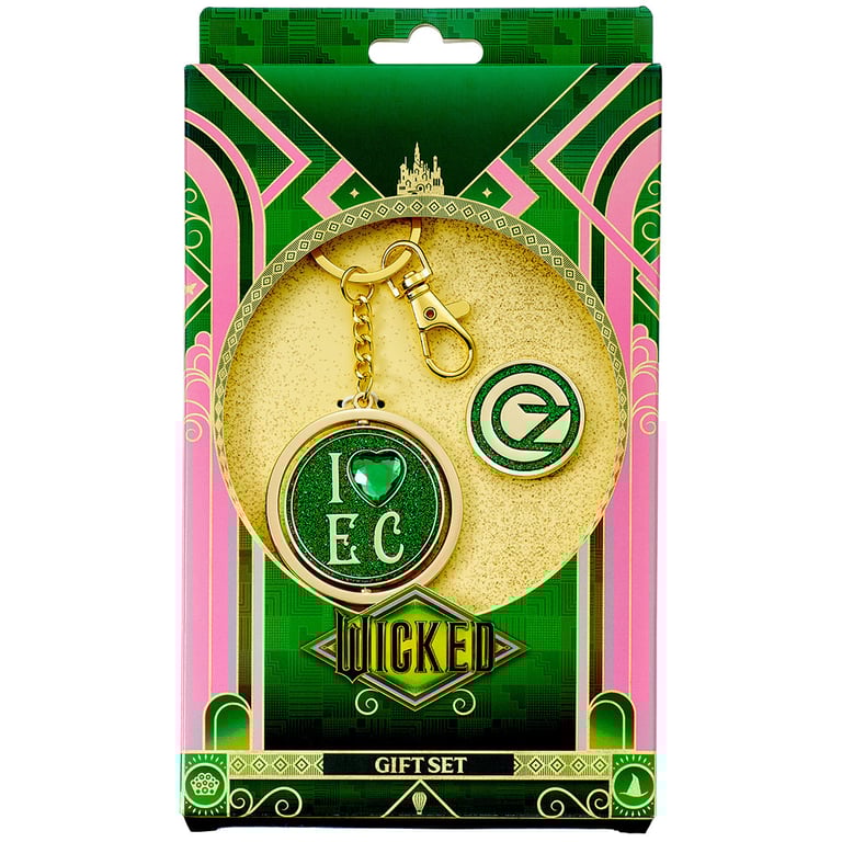 Wicked Emerald City Charm Keyring & Badge Set - Metal Alloy with Gold Finish and Heart Crystal Detail
