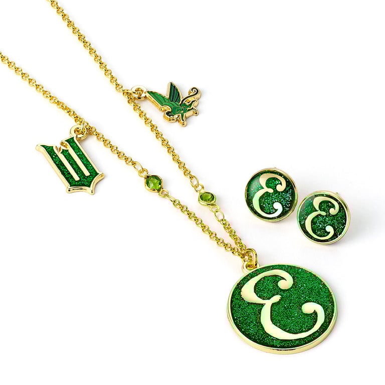 Emerald Green Elphaba Initial Gold Plated Necklace & Earrings Set - 24 Chain